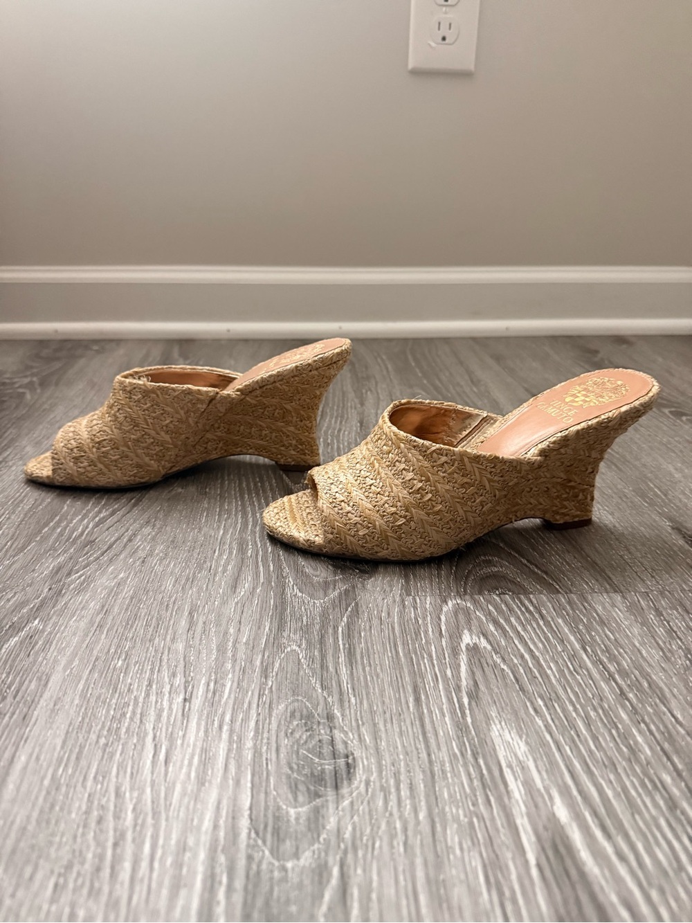 Vince Camuto Tan Woven Open-Toe Wedge Mules